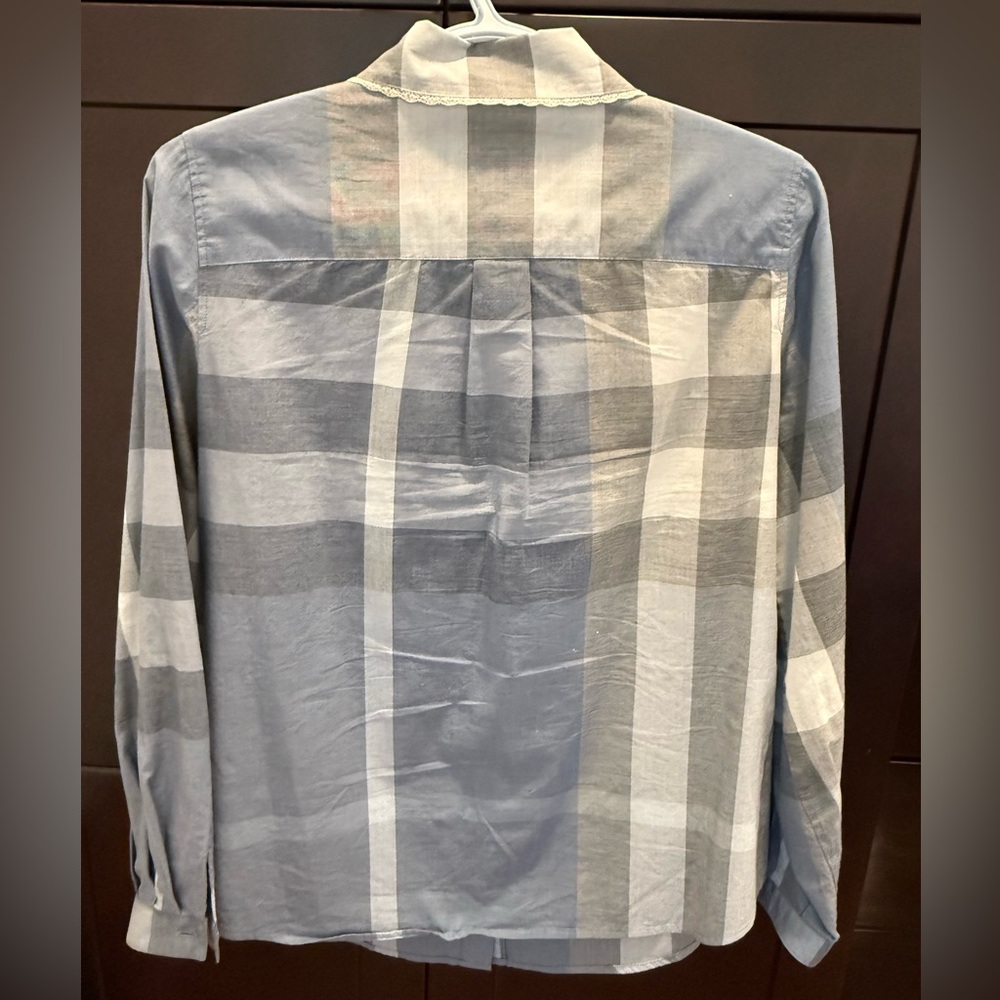 Burberry Blue Plaid Long Sleeve Button Up Ruffle Shirt - Picture 2 of 5